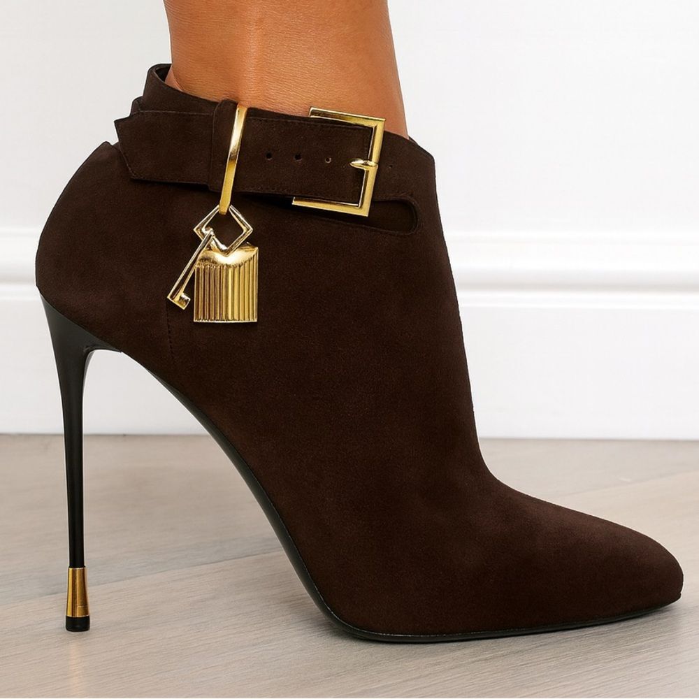 TOM FORD Brown Suede Almond Toe Padlock Ankle Strap Booties Size EU38.5